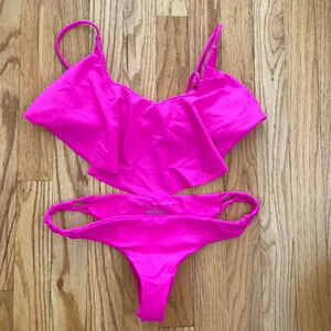 Anthropologie Citrine Swim L hot pink bikini, details, ruffled front Not worn